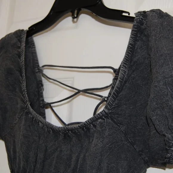 Rebellion Again, Size M, Rayon Crop Top, Strappy Back Off Shoulder, Gray - Picture 9 of 15